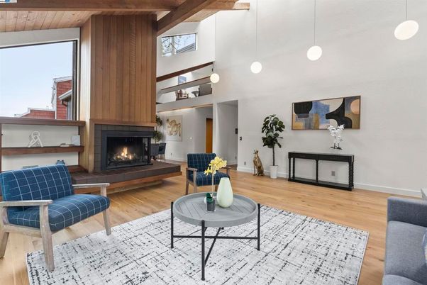 Fireplace, Interior, Living room, Pendant Lights, Wooden Beams, Wooden Ceilings, Wood Texture Flooring