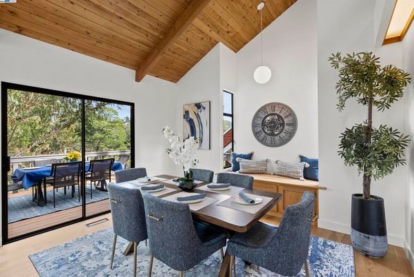 Dining room, Interior, Pendant Lights, Wooden Beams, Wooden Ceilings, Wood Texture Flooring
