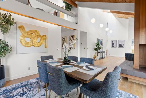 Dining room, Interior, Pendant Lights, Wood Texture Flooring