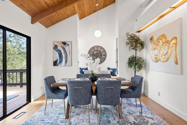 Dining room, Interior, Pendant Lights, Wooden Beams, Wooden Ceilings, Wood Texture Flooring
