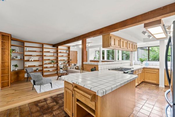 Interior, Kitchen, Tile Countertops, Wooden Beams