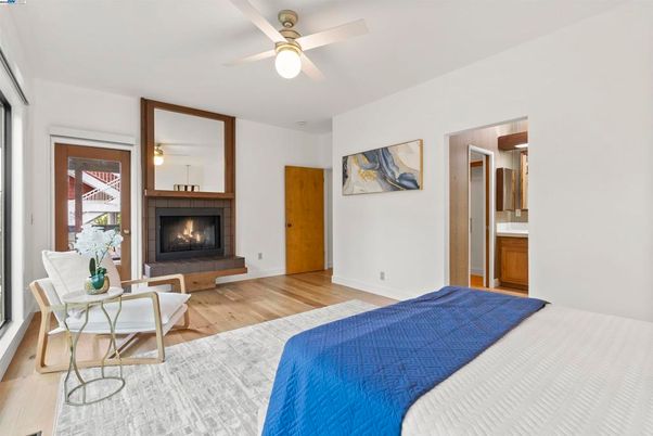 Bedroom, Fireplace, Interior, Wood Texture Flooring