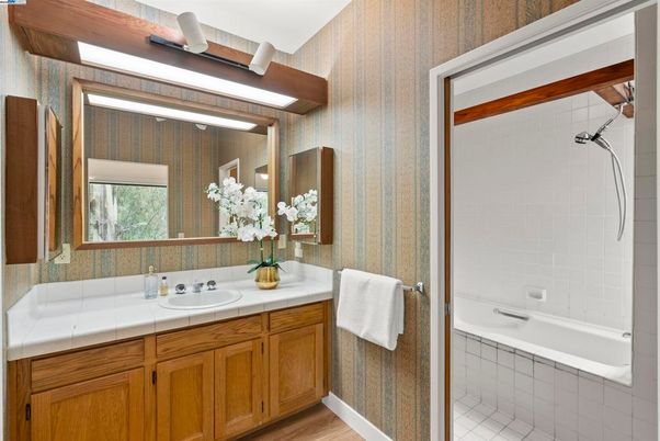 Bathroom, Interior, Tile Countertops, Wood Texture Flooring