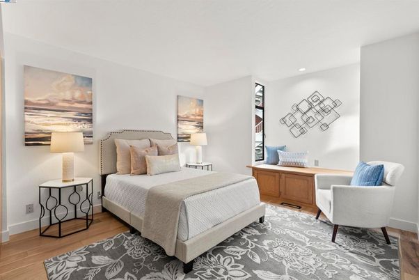 Bedroom, Interior, Recessed Lighting, Wood Texture Flooring