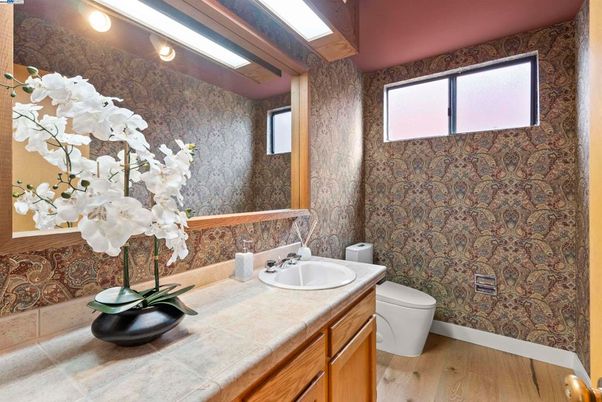 Bathroom, Interior, Tile Countertops, Wood Texture Flooring