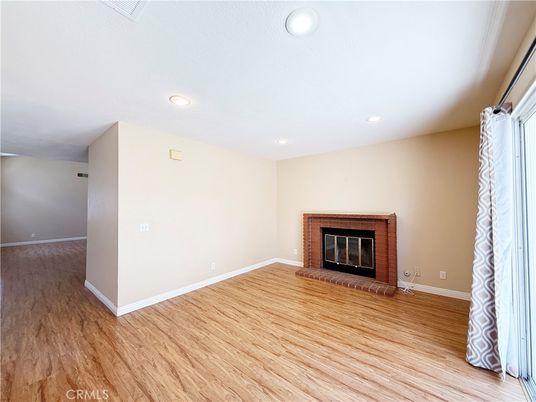 Empty room, Fireplace, Interior, Recessed Lighting, Wood Texture Flooring