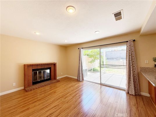 Empty room, Fireplace, Interior, Recessed Lighting, Wood Texture Flooring
