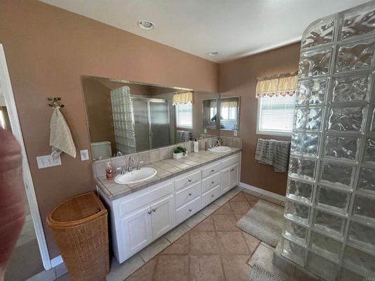 Bathroom, Dual Sink Vanities, Interior, Recessed Lighting, Tile Countertops