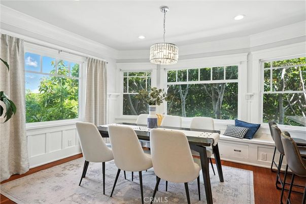 Dining room, Interior, Pendant Lights, Recessed Lighting, Wood Texture Flooring