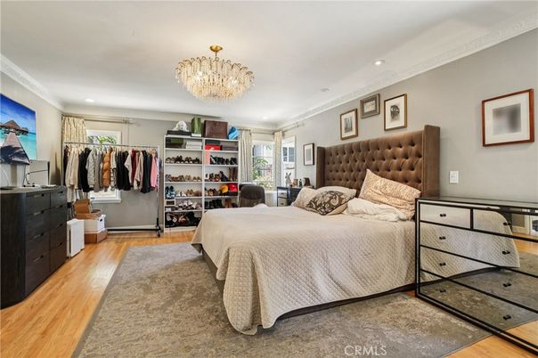Bedroom, Chandelier, Interior, Recessed Lighting, Walk-in Closets, Wood Texture Flooring