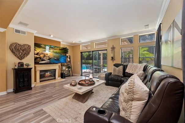 Fireplace, Interior, Living room, Recessed Lighting, Wood Texture Flooring