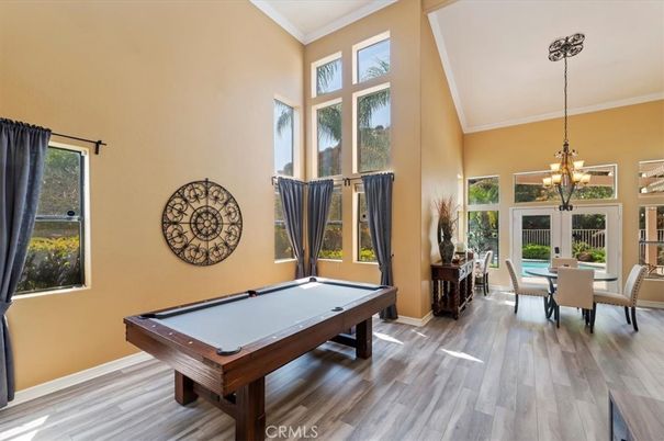 Billiard Table, Chandelier, Dining room, Game Room, Interior, Wood Texture Flooring