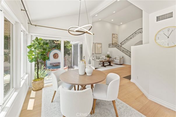 Dining room, Interior, Pendant Lights, Recessed Lighting, Wood Texture Flooring