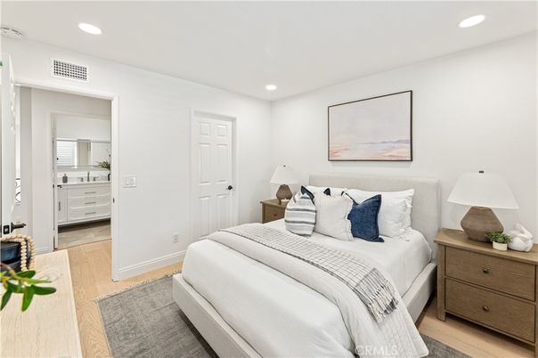 Bedroom, Interior, Recessed Lighting, Wood Texture Flooring