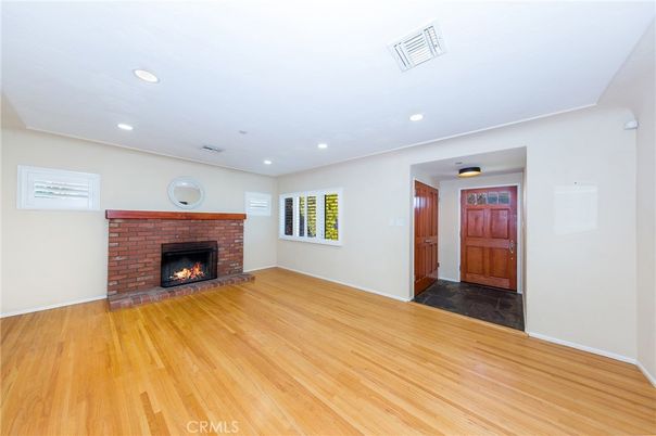 Empty room, Fireplace, Interior, Recessed Lighting, Wood Texture Flooring