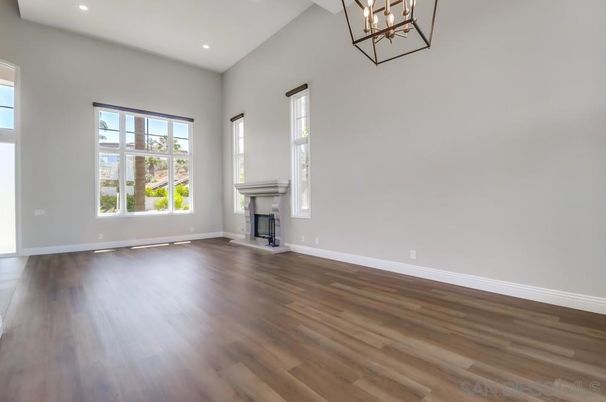 Empty room, Fireplace, Interior, Recessed Lighting, Wood Texture Flooring