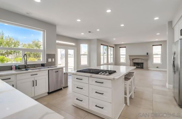 Fireplace, Interior, Kitchen, Recessed Lighting, Stainless Steel Appliances