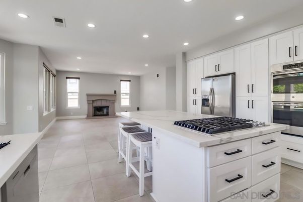Fireplace, Interior, Kitchen, Recessed Lighting, Stainless Steel Appliances