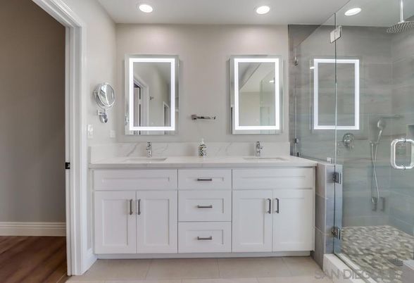 Bathroom, Dual Sink Vanities, Glass Shower, Interior, Recessed Lighting