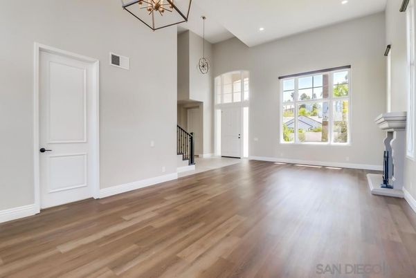 Empty room, Interior, Pendant Lights, Recessed Lighting, Wood Texture Flooring