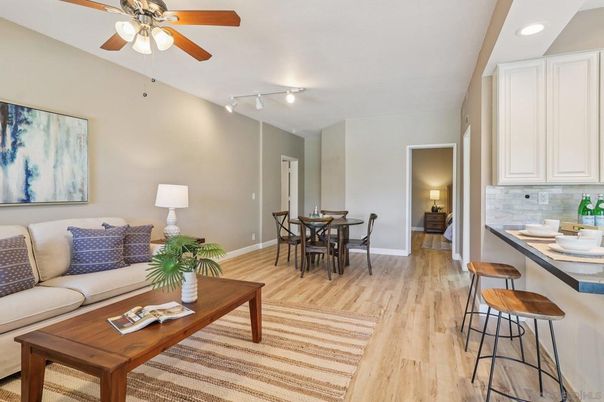 Dining room, Interior, Living room, Recessed Lighting, Wood Texture Flooring