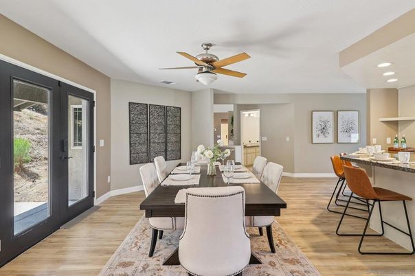 Dining room, Interior, Recessed Lighting, Wood Texture Flooring