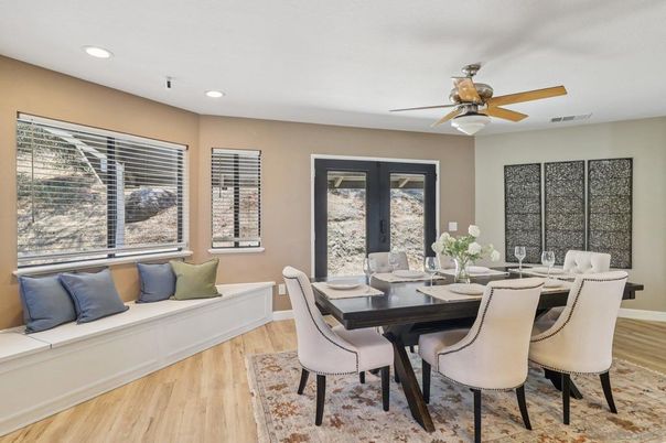 Dining room, Interior, Recessed Lighting, Wood Texture Flooring