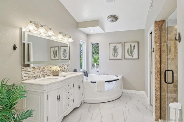 Bathroom, Dual Sink Vanities, Glass Shower, Interior, Marble, Recessed Lighting