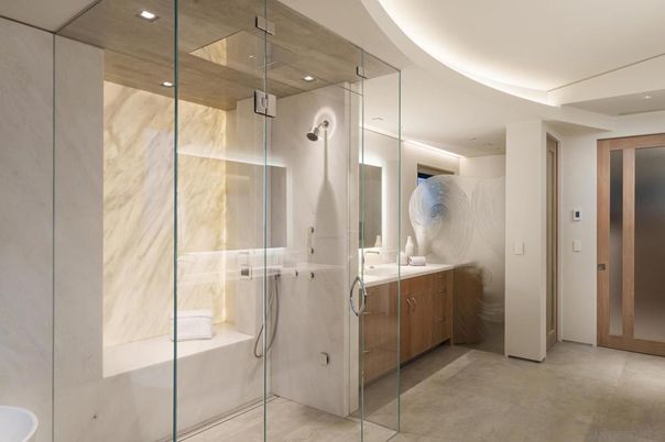Bathroom, Glass Shower, Interior, Recessed Lighting