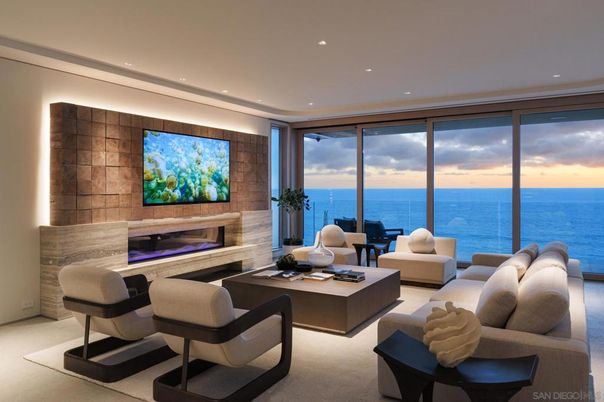 Fireplace, Interior, Living room, Recessed Lighting, Stone Walls, Water