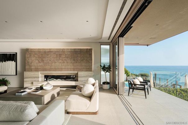 Fireplace, Interior, Living room, Recessed Lighting, Stone Walls, Water
