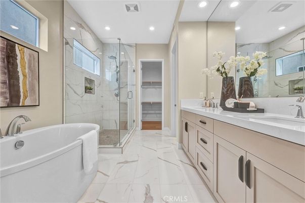 Bathroom, Dual Sink Vanities, Free Standing Baths, Glass Shower, Interior, Marble, Marble Walls, Recessed Lighting