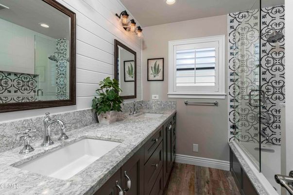 Bathroom, Dual Sink Vanities, Interior, Recessed Lighting, Wood Texture Flooring