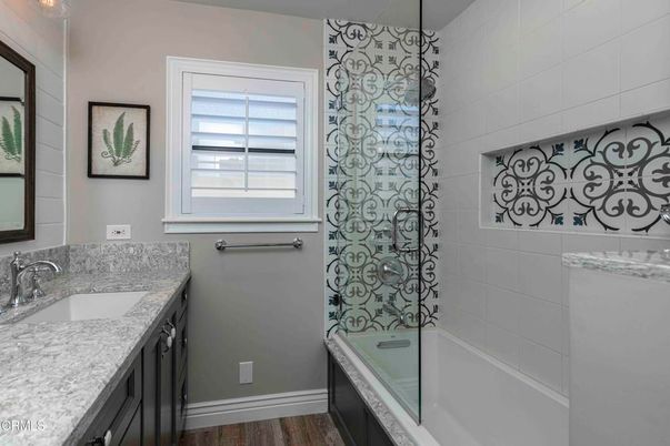 Bathroom, Glass Shower, Interior, Wood Texture Flooring