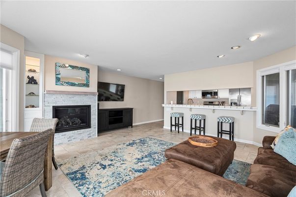 Dining room, Fireplace, Interior, Kitchen, Living room, Recessed Lighting, Stainless Steel Appliances