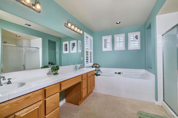 Bathroom, Dual Sink Vanities, Glass Shower, Interior, Recessed Lighting, Tile Countertops