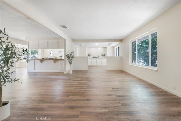 Empty room, Interior, Kitchen, Recessed Lighting, Wood Texture Flooring