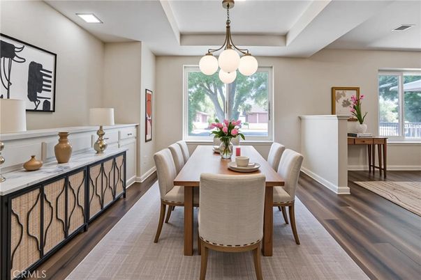 Dining room, Interior, Pendant Lights, Wood Texture Flooring