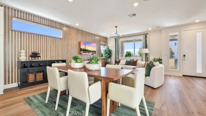 Dining room, Interior, Living room, Pendant Lights, Recessed Lighting, Wood Texture Flooring