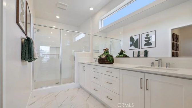 Bathroom, Dual Sink Vanities, Glass Shower, Interior, Marble, Recessed Lighting