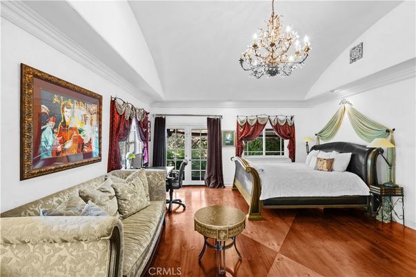 Bedroom, Chandelier, Interior, Wood Texture Flooring