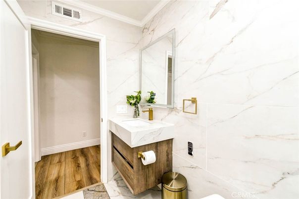 Bathroom, Interior, Marble Walls, Wood Texture Flooring
