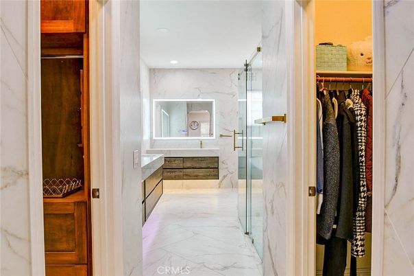 Bathroom, Glass Shower, Interior, Marble, Marble Walls, Recessed Lighting, Walk-in Closets