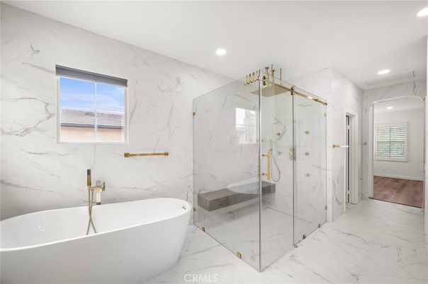 Bathroom, Free Standing Baths, Glass Shower, Interior, Marble, Marble Walls, Recessed Lighting