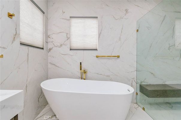 Bathroom, Free Standing Baths, Glass Shower, Interior, Marble, Marble Walls