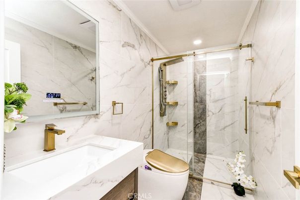 Bathroom, Glass Shower, Interior, Marble, Marble Walls, Recessed Lighting