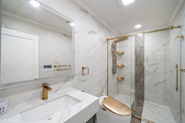 Bathroom, Glass Shower, Interior, Marble Walls, Recessed Lighting