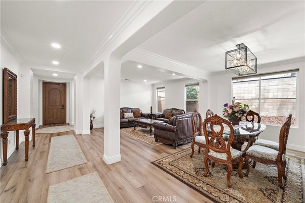 Dining room, Interior, Living room, Recessed Lighting, Wood Texture Flooring