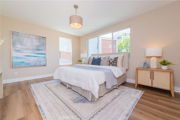 Bedroom, Interior, Pendant Lights, Wood Texture Flooring