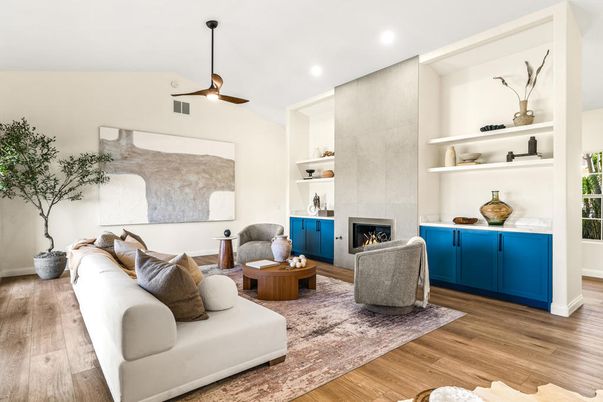 Fireplace, Interior, Living room, Recessed Lighting, Wood Texture Flooring